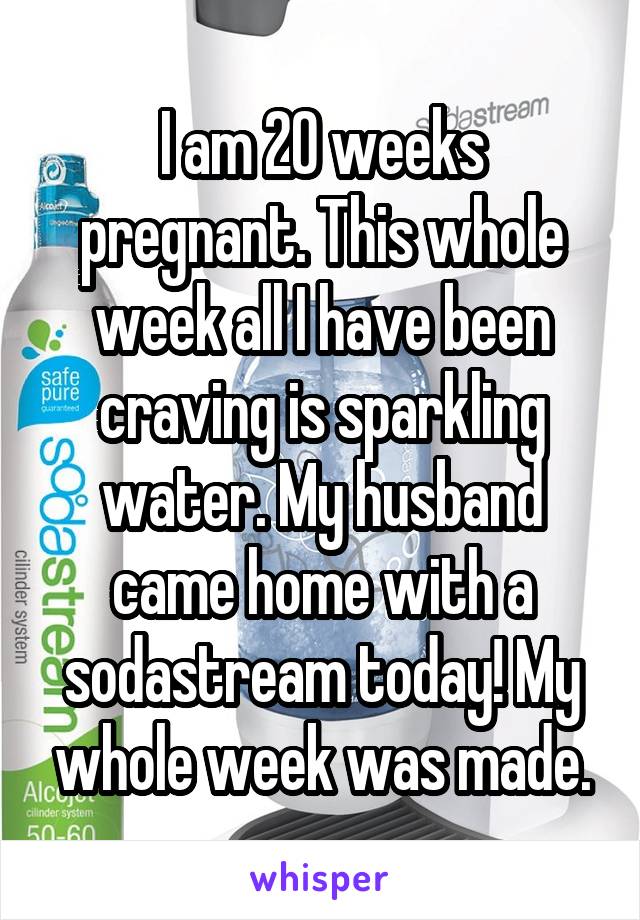 I am 20 weeks pregnant. This whole week all I have been craving is sparkling water. My husband came home with a sodastream today! My whole week was made.