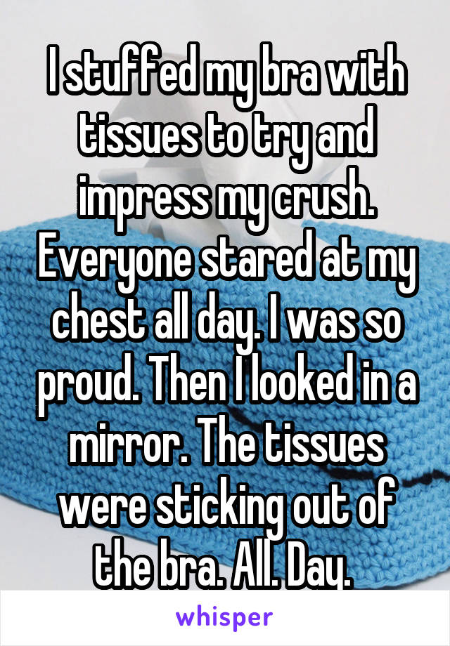 I stuffed my bra with tissues to try and impress my crush. Everyone stared at my chest all day. I was so proud. Then I looked in a mirror. The tissues were sticking out of the bra. All. Day. 