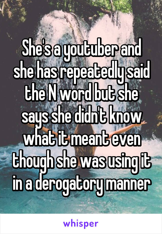 She's a youtuber and she has repeatedly said the N word but she says she didn't know what it meant even though she was using it in a derogatory manner