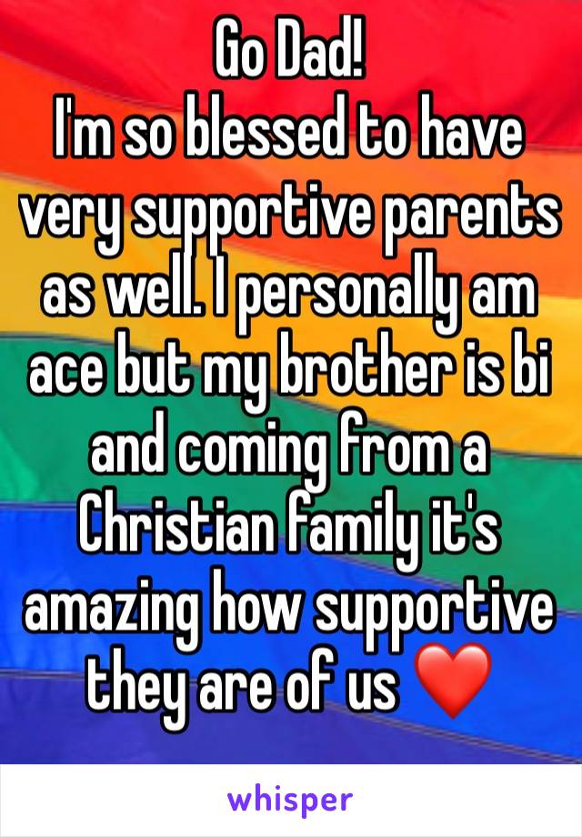 Go Dad!
I'm so blessed to have very supportive parents as well. I personally am ace but my brother is bi and coming from a Christian family it's amazing how supportive they are of us ❤