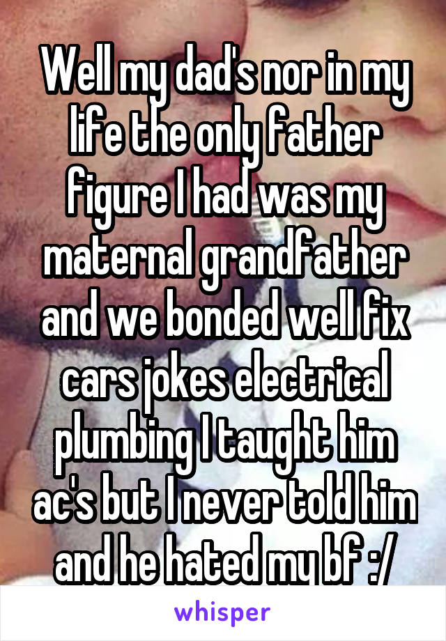 Well my dad's nor in my life the only father figure I had was my maternal grandfather and we bonded well fix cars jokes electrical plumbing I taught him ac's but I never told him and he hated my bf :/