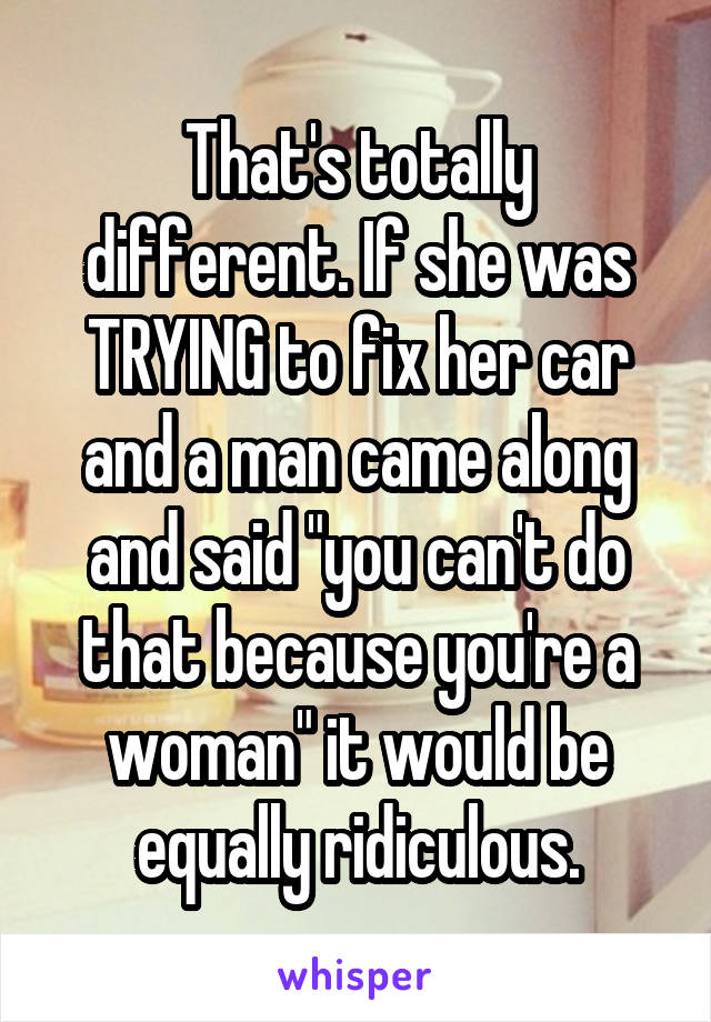 That's totally different. If she was TRYING to fix her car and a man came along and said "you can't do that because you're a woman" it would be equally ridiculous.