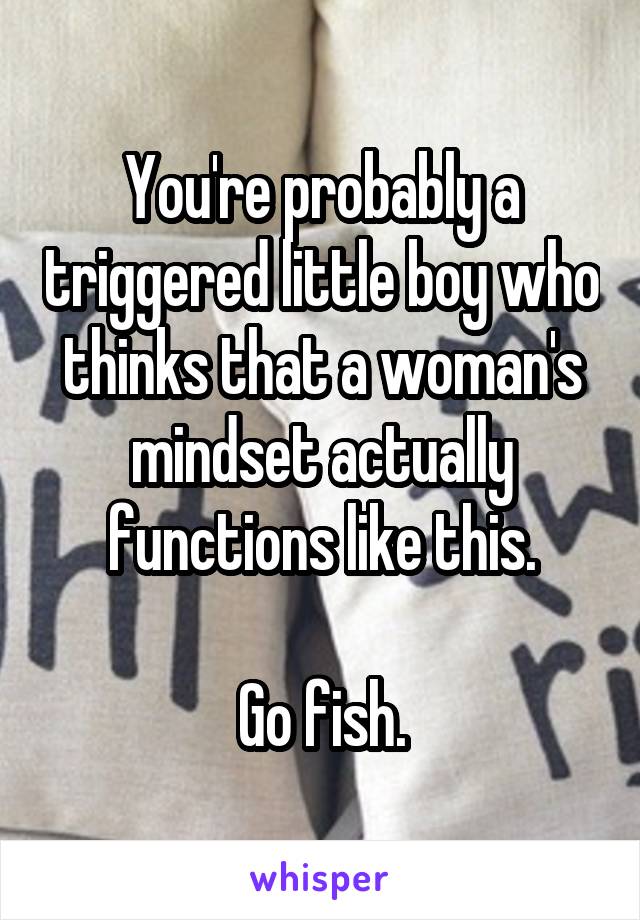 You're probably a triggered little boy who thinks that a woman's mindset actually functions like this.

Go fish.