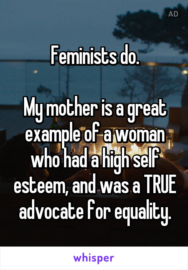 Feminists do.

My mother is a great example of a woman who had a high self esteem, and was a TRUE advocate for equality.