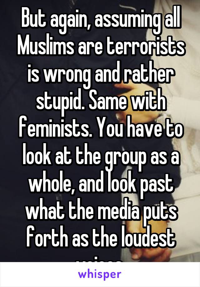 But again, assuming all Muslims are terrorists is wrong and rather stupid. Same with feminists. You have to look at the group as a whole, and look past what the media puts forth as the loudest voices.