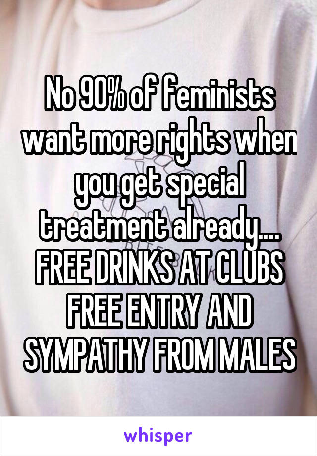 No 90% of feminists want more rights when you get special treatment already....
FREE DRINKS AT CLUBS FREE ENTRY AND SYMPATHY FROM MALES