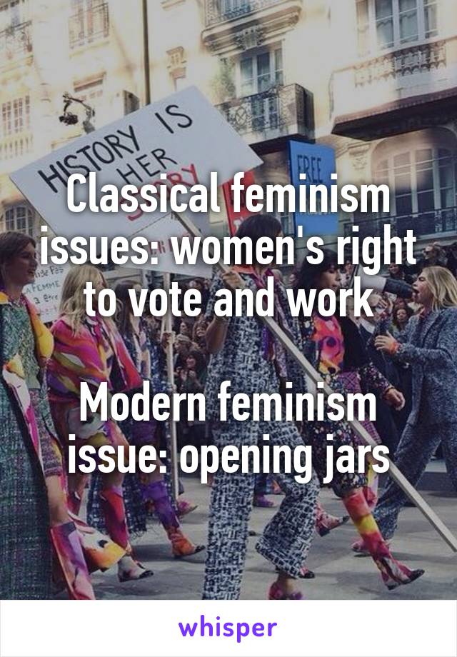 Classical feminism issues: women's right to vote and work

Modern feminism issue: opening jars