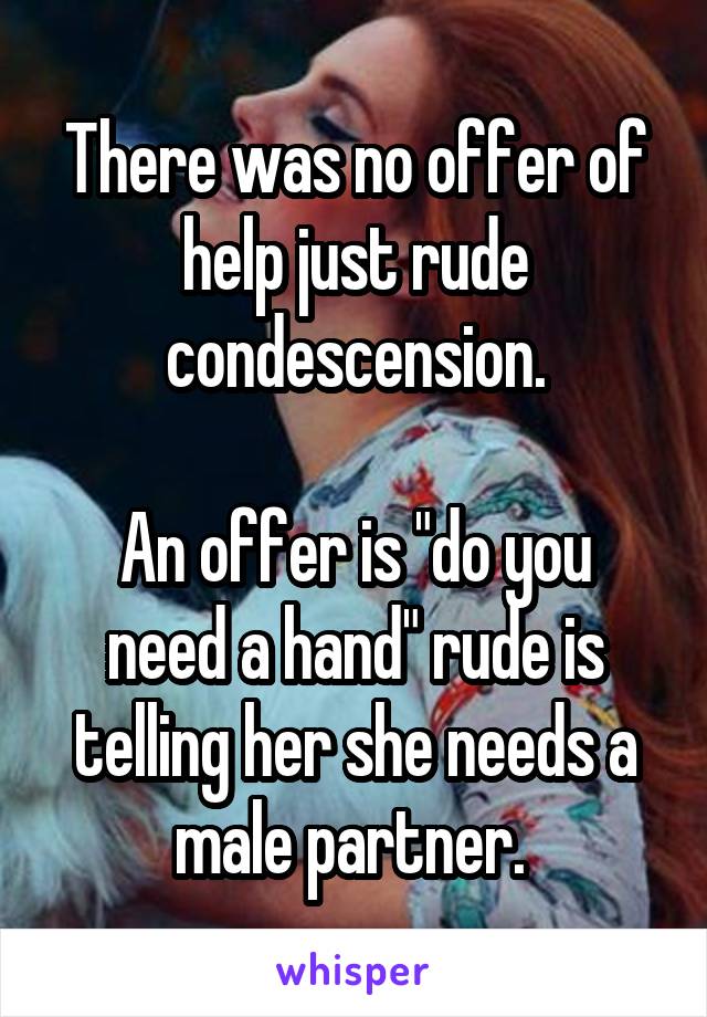 There was no offer of help just rude condescension.

An offer is "do you need a hand" rude is telling her she needs a male partner. 