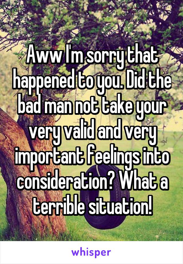 Aww I'm sorry that happened to you. Did the bad man not take your very valid and very important feelings into consideration? What a terrible situation!