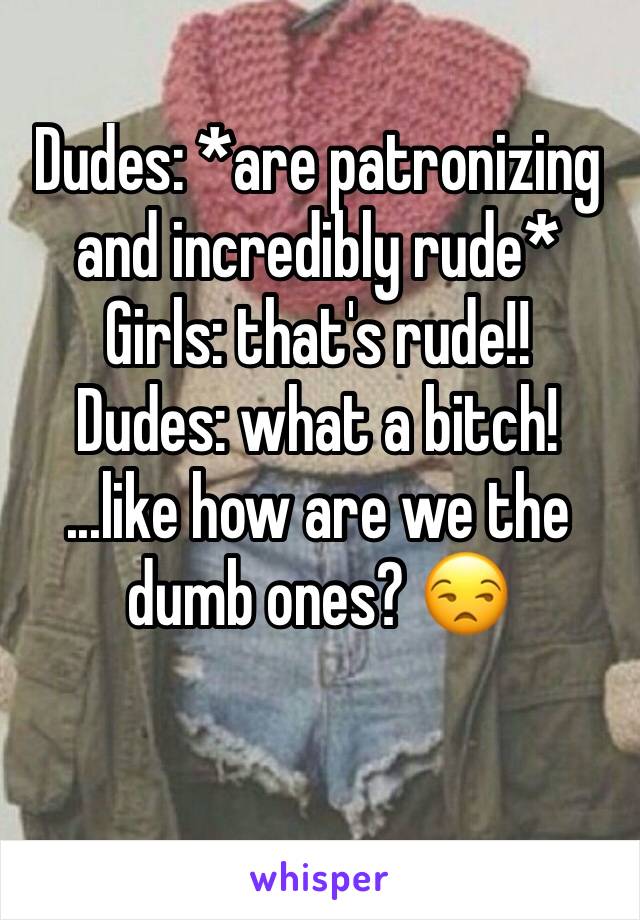 Dudes: *are patronizing and incredibly rude* Girls: that's rude!!
Dudes: what a bitch!
...like how are we the dumb ones? 😒