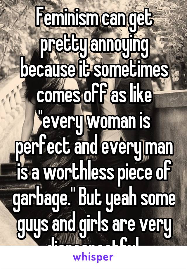 Feminism can get pretty annoying because it sometimes comes off as like "every woman is perfect and every man is a worthless piece of garbage." But yeah some guys and girls are very disrespectful.