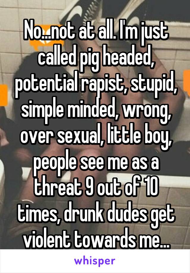 No...not at all. I'm just called pig headed, potential rapist, stupid, simple minded, wrong, over sexual, little boy, people see me as a threat 9 out of 10 times, drunk dudes get violent towards me...