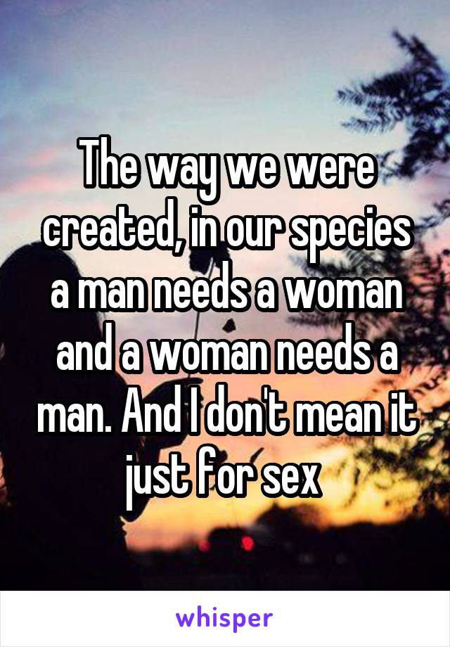 The way we were created, in our species a man needs a woman and a woman needs a man. And I don't mean it just for sex 