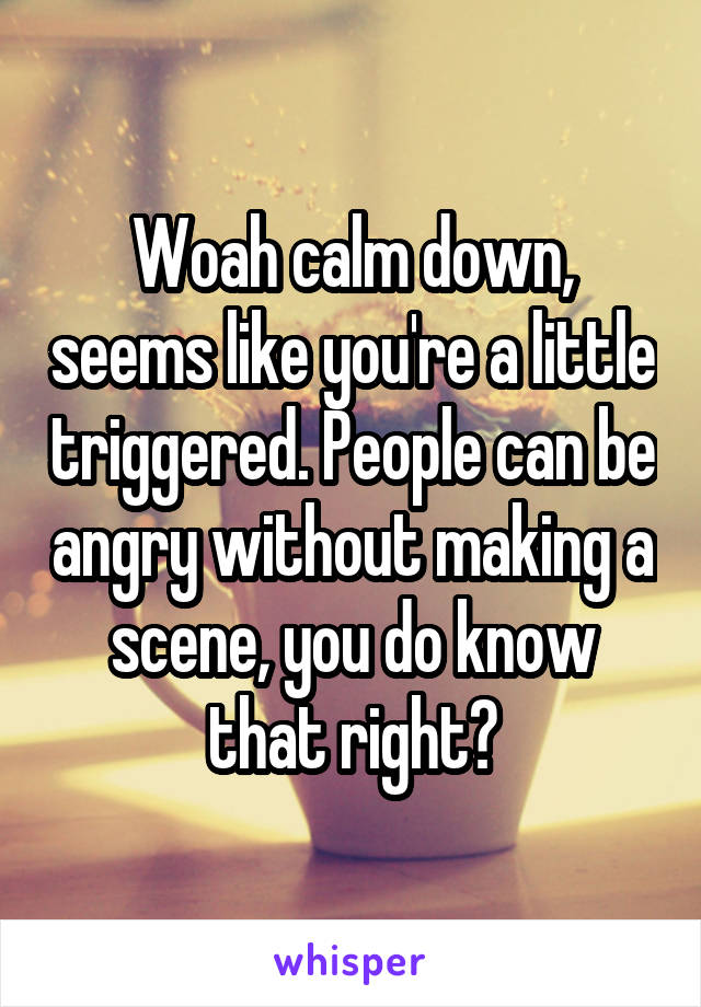 Woah calm down, seems like you're a little triggered. People can be angry without making a scene, you do know that right?