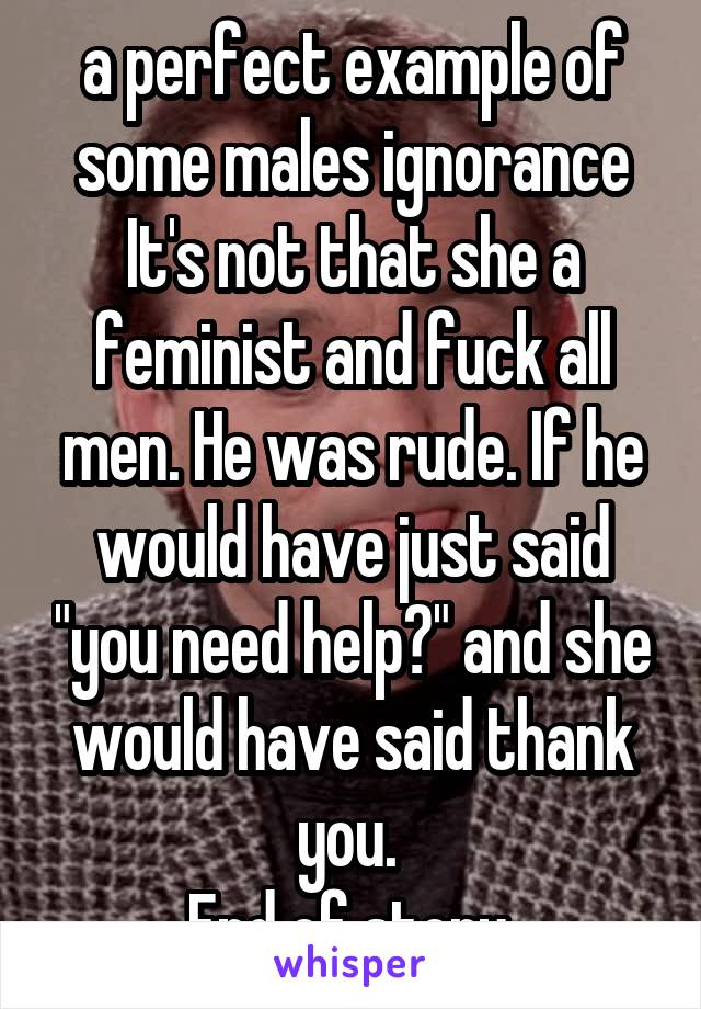 a perfect example of some males ignorance It's not that she a feminist and fuck all men. He was rude. If he would have just said "you need help?" and she would have said thank you. 
End of story 