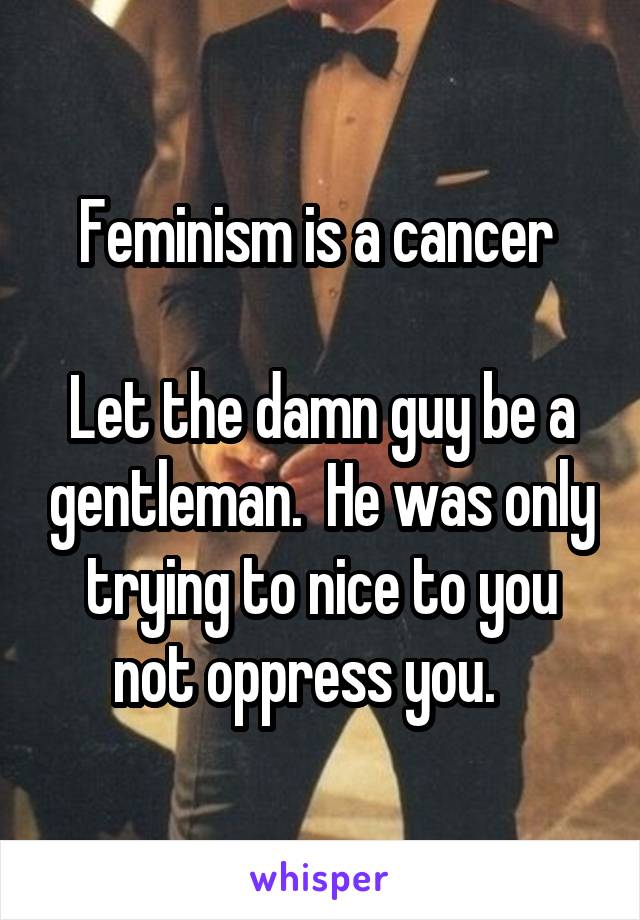 Feminism is a cancer 

Let the damn guy be a gentleman.  He was only trying to nice to you not oppress you.   