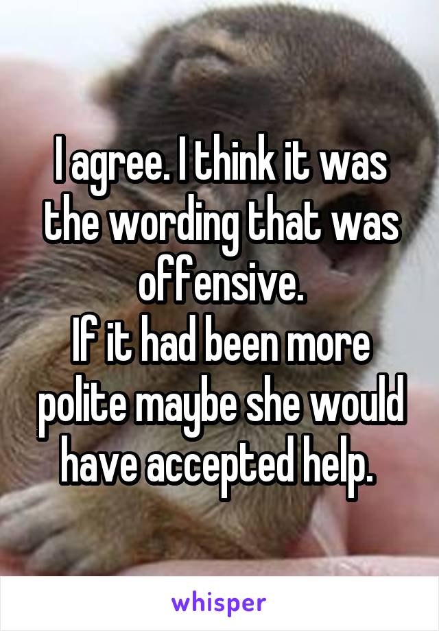 I agree. I think it was the wording that was offensive.
If it had been more polite maybe she would have accepted help. 