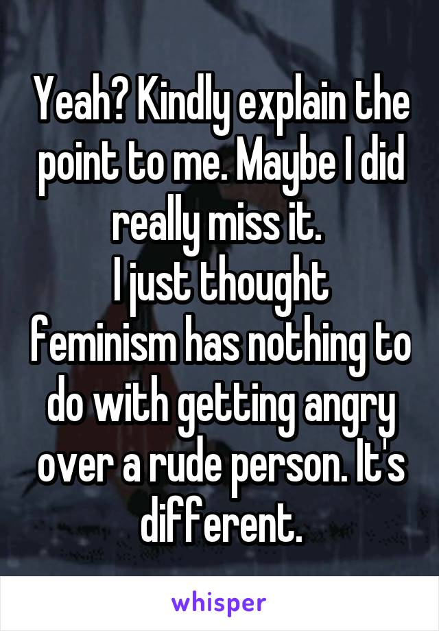 Yeah? Kindly explain the point to me. Maybe I did really miss it. 
I just thought feminism has nothing to do with getting angry over a rude person. It's different.