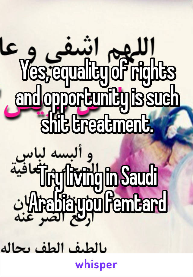 Yes, equality of rights and opportunity is such shit treatment.

Try living in Saudi Arabia you femtard