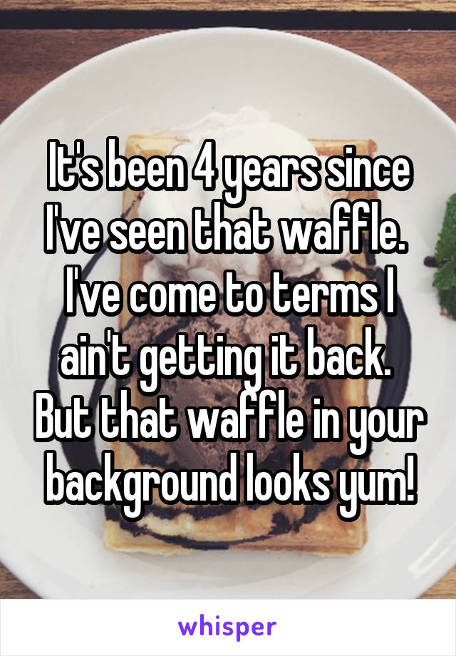 It's been 4 years since I've seen that waffle.  I've come to terms I ain't getting it back.  But that waffle in your background looks yum!