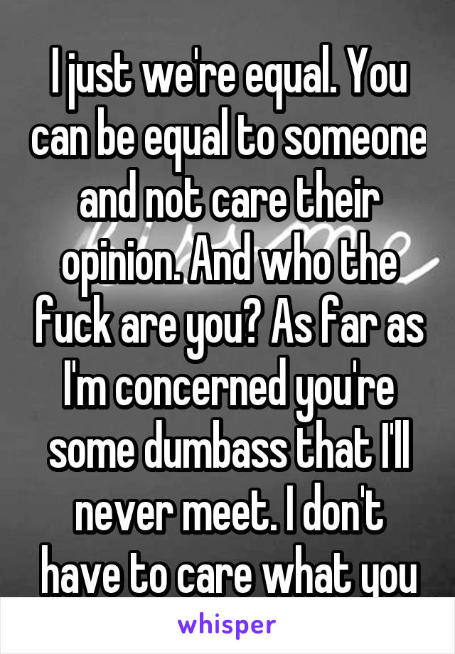 I just we're equal. You can be equal to someone and not care their opinion. And who the fuck are you? As far as I'm concerned you're some dumbass that I'll never meet. I don't have to care what you