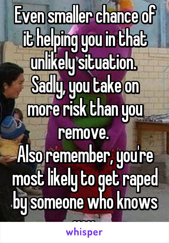 Even smaller chance of it helping you in that unlikely situation. 
Sadly, you take on more risk than you remove. 
Also remember, you're most likely to get raped by someone who knows you.