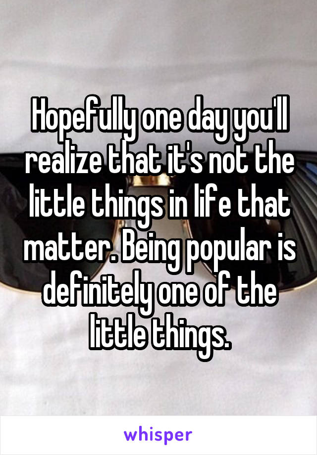 Hopefully one day you'll realize that it's not the little things in life that matter. Being popular is definitely one of the little things.