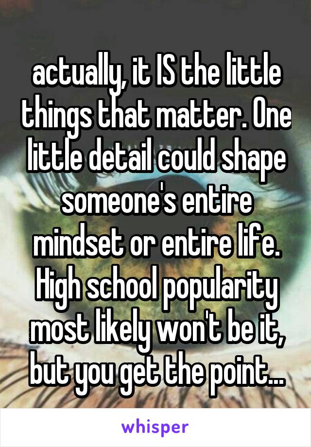 actually, it IS the little things that matter. One little detail could shape someone's entire mindset or entire life. High school popularity most likely won't be it, but you get the point...