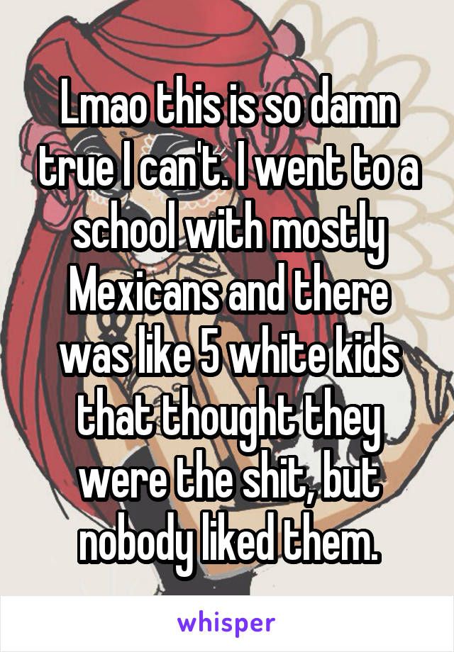 Lmao this is so damn true I can't. I went to a school with mostly Mexicans and there was like 5 white kids that thought they were the shit, but nobody liked them.