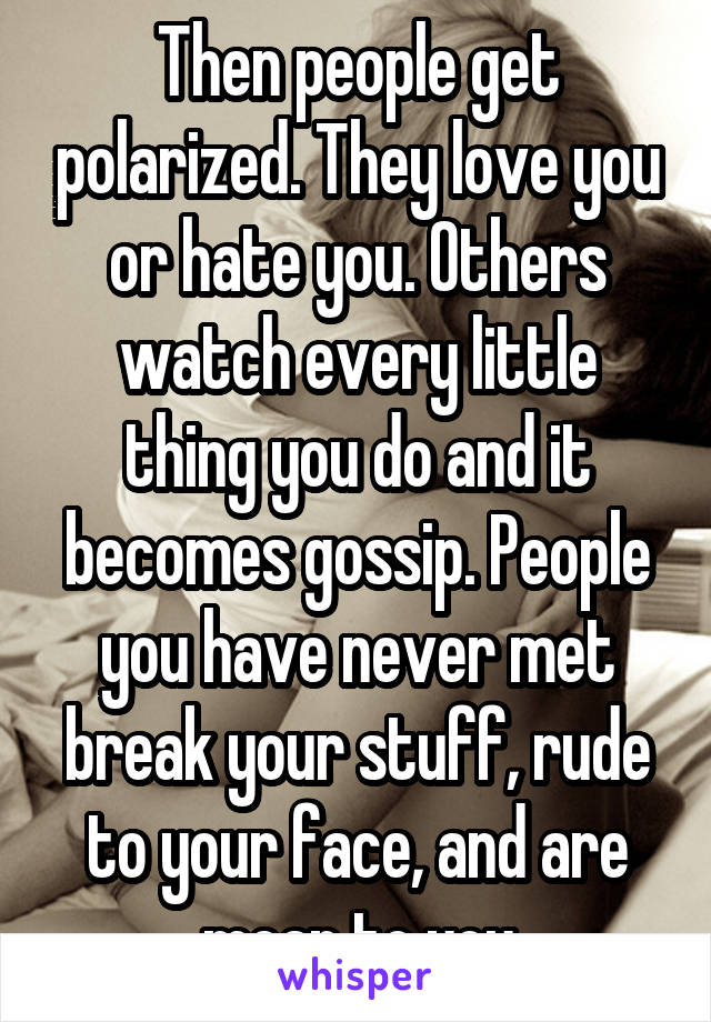 Then people get polarized. They love you or hate you. Others watch every little thing you do and it becomes gossip. People you have never met break your stuff, rude to your face, and are mean to you