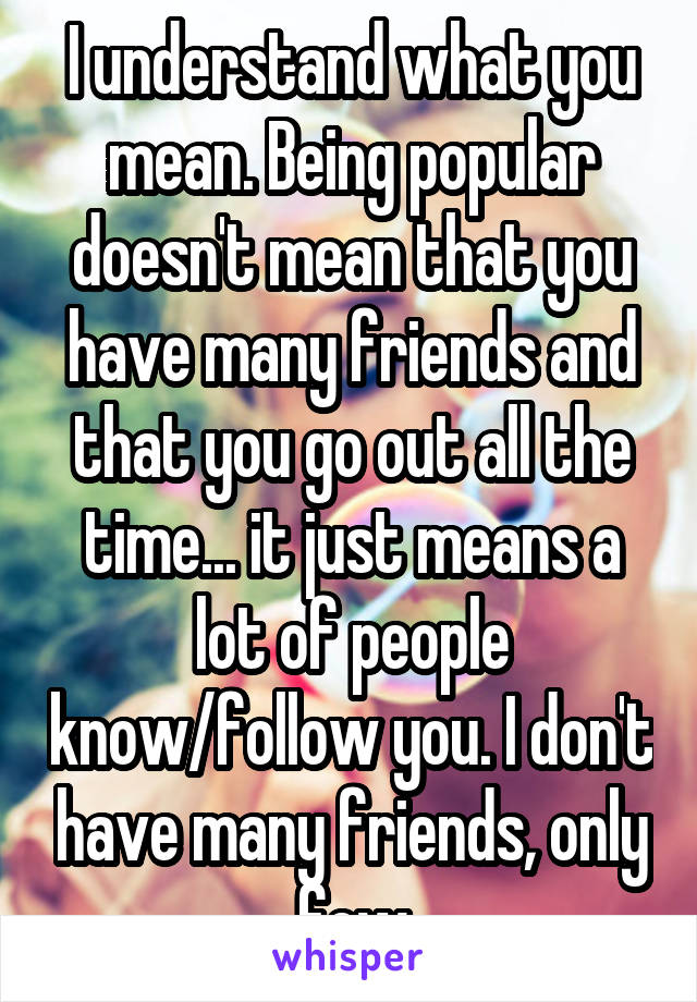 I understand what you mean. Being popular doesn't mean that you have many friends and that you go out all the time... it just means a lot of people know/follow you. I don't have many friends, only few