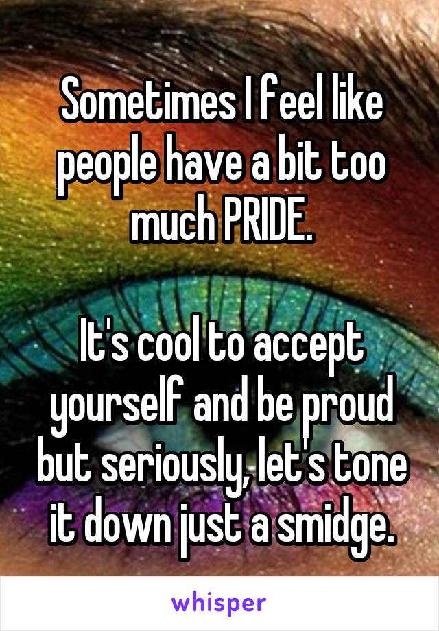 Sometimes I feel like people have a bit too much PRIDE.

It's cool to accept yourself and be proud but seriously, let's tone it down just a smidge.