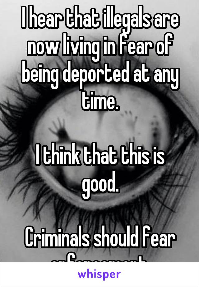 I hear that illegals are now living in fear of being deported at any time.

I think that this is good.

Criminals should fear enforcement 