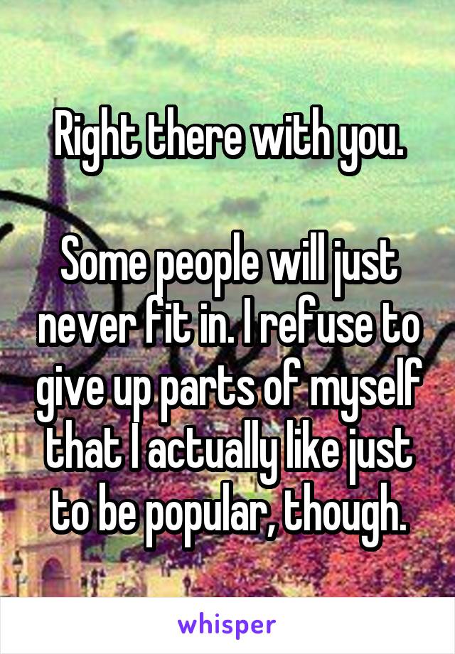 Right there with you.

Some people will just never fit in. I refuse to give up parts of myself that I actually like just to be popular, though.