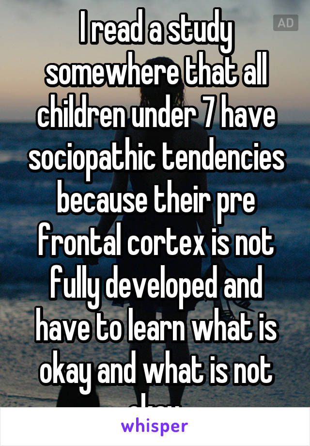 I read a study somewhere that all children under 7 have sociopathic tendencies because their pre frontal cortex is not fully developed and have to learn what is okay and what is not okay.