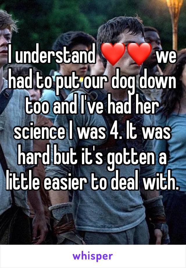 I understand ❤❤ we had to put our dog down too and I've had her science I was 4. It was hard but it's gotten a little easier to deal with. 