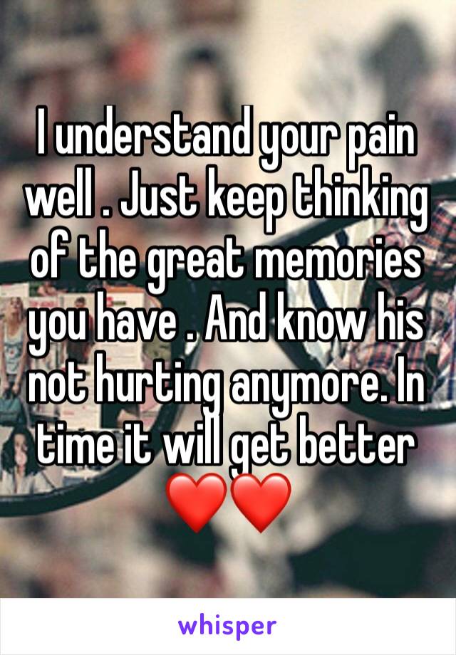 I understand your pain well . Just keep thinking of the great memories you have . And know his not hurting anymore. In time it will get better ❤❤