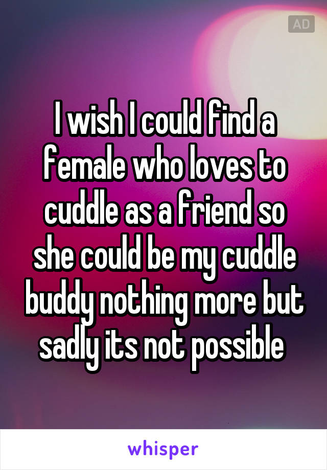 I wish I could find a female who loves to cuddle as a friend so she could be my cuddle buddy nothing more but sadly its not possible 