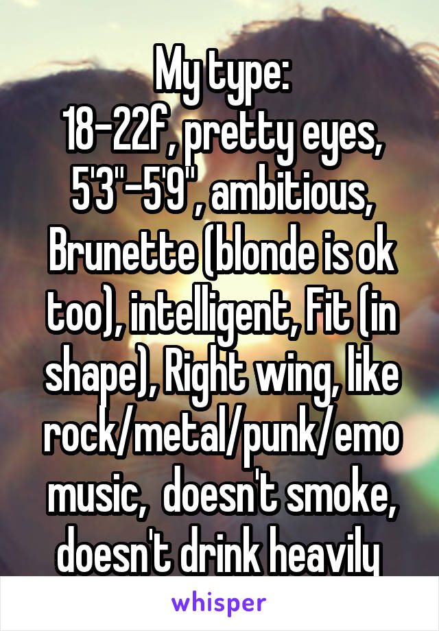 My type:
18-22f, pretty eyes, 5'3"-5'9", ambitious, Brunette (blonde is ok too), intelligent, Fit (in shape), Right wing, like rock/metal/punk/emo music,  doesn't smoke, doesn't drink heavily 