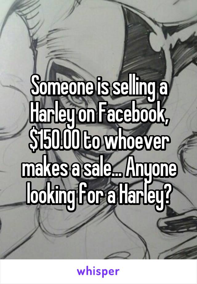 Someone is selling a Harley on Facebook, $150.00 to whoever makes a sale... Anyone looking for a Harley?