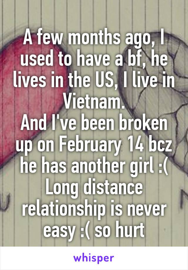 A few months ago, I used to have a bf, he lives in the US, I live in Vietnam.
And I've been broken up on February 14 bcz he has another girl :(
Long distance relationship is never easy :( so hurt