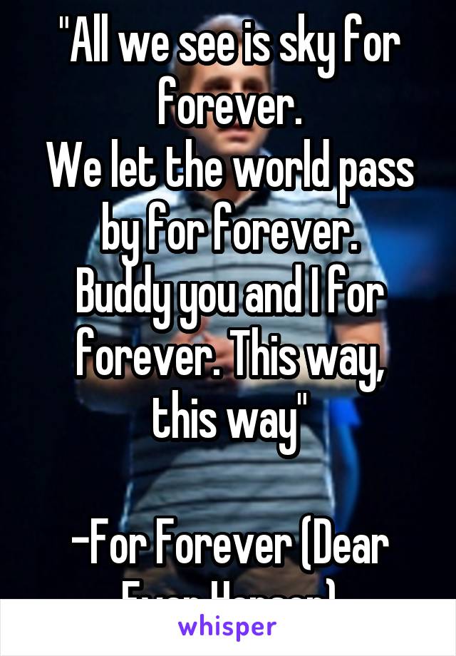 "All we see is sky for forever.
We let the world pass by for forever.
Buddy you and I for forever. This way,
this way"

-For Forever (Dear Evan Hansen)