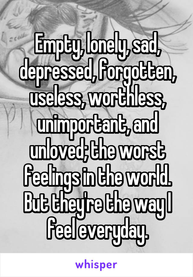 Empty, lonely, sad, depressed, forgotten, useless, worthless, unimportant, and unloved; the worst feelings in the world. But they're the way I feel everyday.