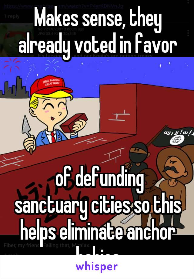 Makes sense, they already voted in favor




 of defunding sanctuary cities so this helps eliminate anchor babies