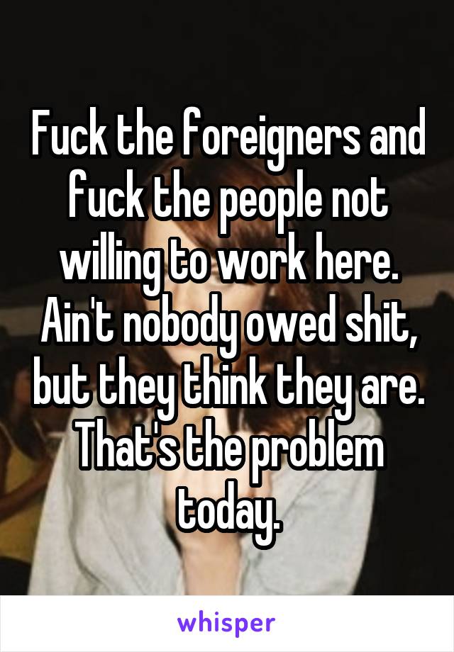 Fuck the foreigners and fuck the people not willing to work here. Ain't nobody owed shit, but they think they are. That's the problem today.