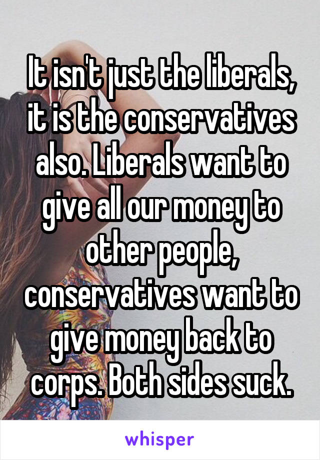 It isn't just the liberals, it is the conservatives also. Liberals want to give all our money to other people, conservatives want to give money back to corps. Both sides suck.