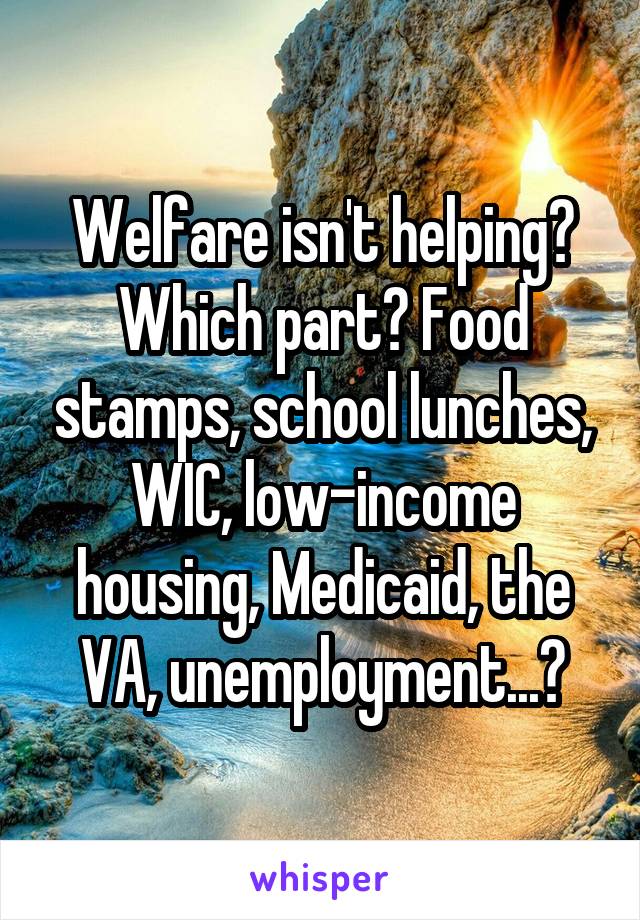 Welfare isn't helping? Which part? Food stamps, school lunches, WIC, low-income housing, Medicaid, the VA, unemployment...?