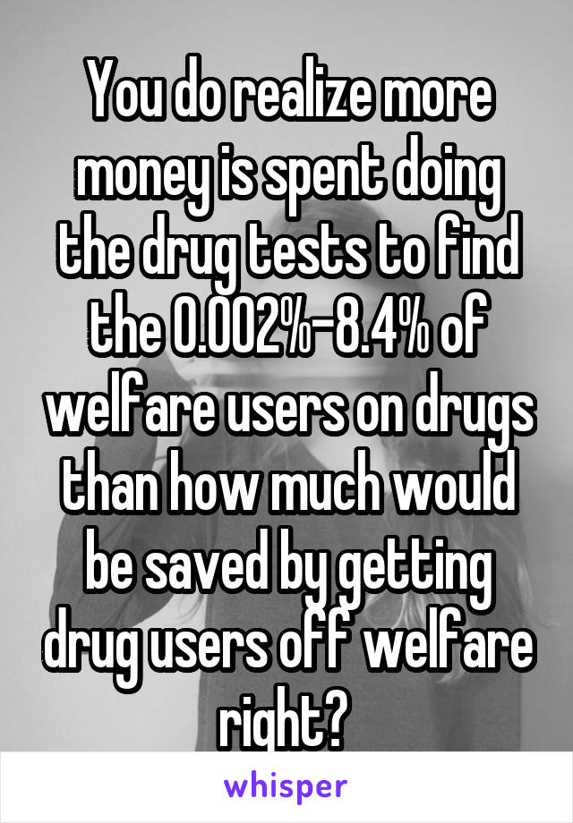 You do realize more money is spent doing the drug tests to find the 0.002%-8.4% of welfare users on drugs than how much would be saved by getting drug users off welfare right? 