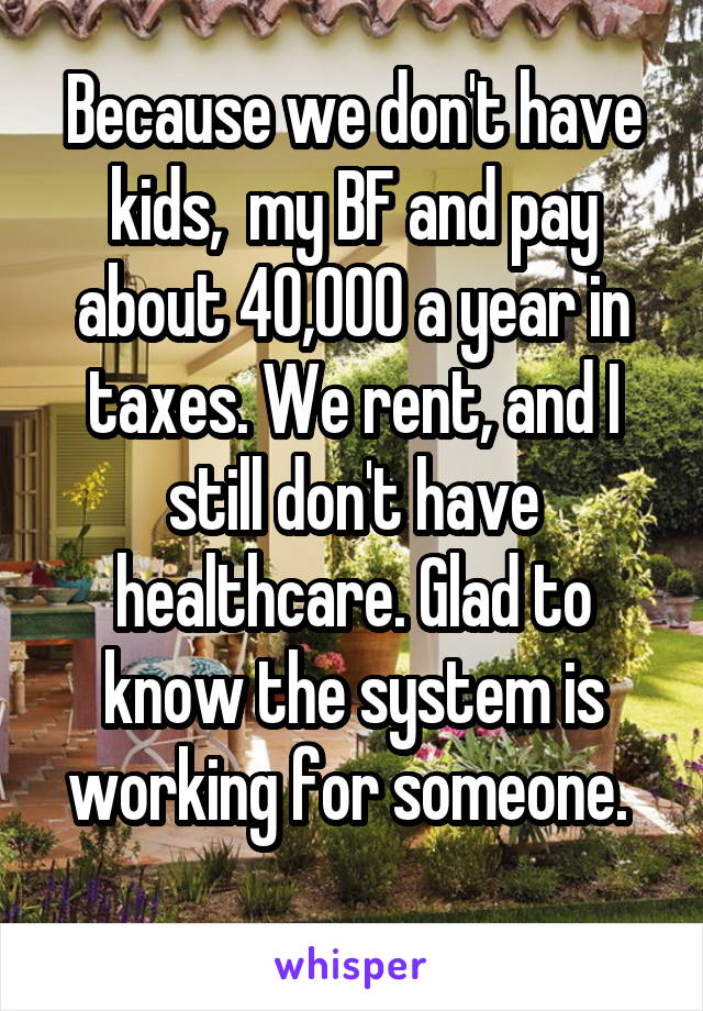 Because we don't have kids,  my BF and pay about 40,000 a year in taxes. We rent, and I still don't have healthcare. Glad to know the system is working for someone. 
