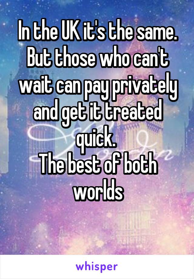 In the UK it's the same. But those who can't wait can pay privately and get it treated quick. 
The best of both worlds

